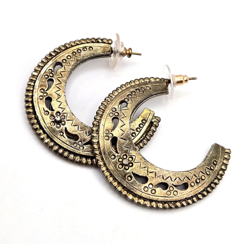 Antiqued Gold Tone Crescent Hoop Earrings Boho Openwork Etched Floral 1.75in